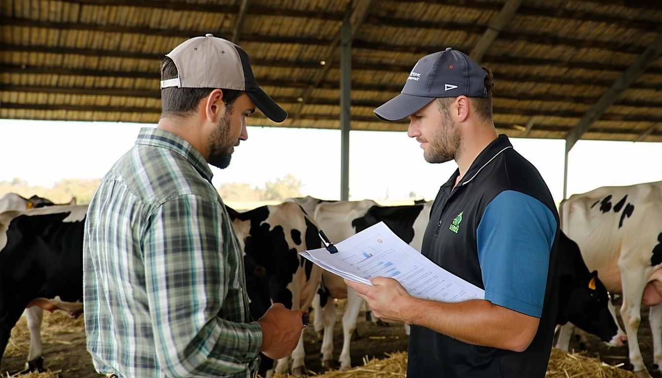 Create an image of a livestock producers standing outside a feed barn and looking at details of feeding data-1
